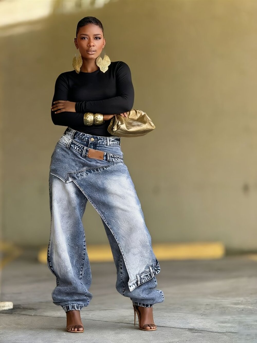 Asymmetrical High Rise Wide Leg Baggy Jeans Washed Denim - Picture 7 of 7